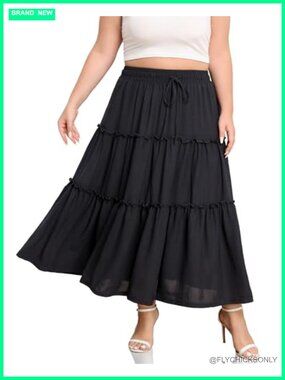 Plus Size Maxi Skirt Elastic High Waisted A-Line Tiered Long Flowy with Pockets